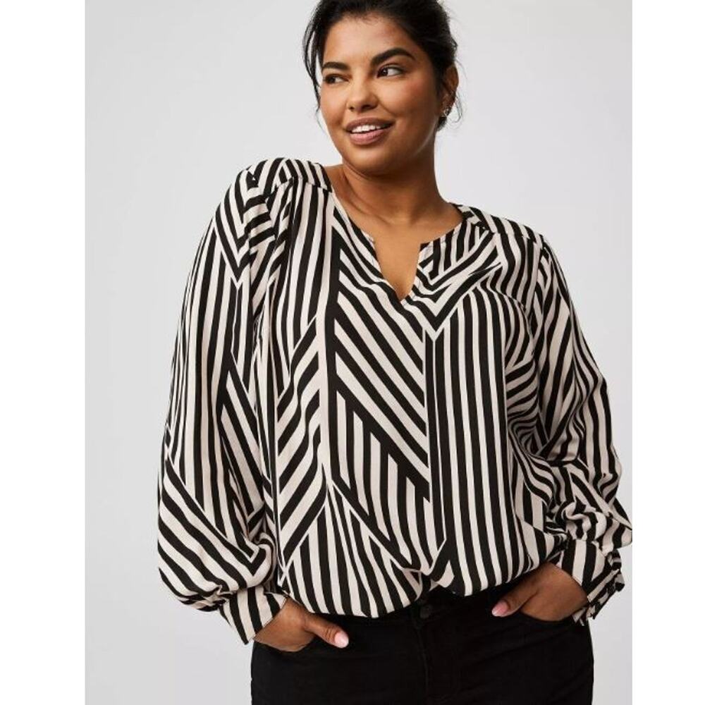 Torrid Harper Blouse Top Plus Size 6 X Long Sleeve Black Tan Geo Print Woven